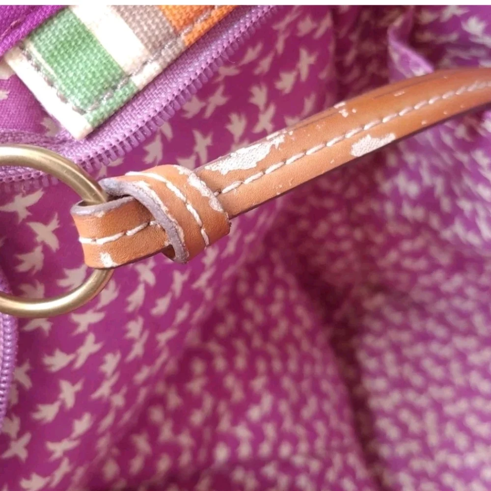 Fossil Key Per Canvas Tote Purse & Wallet Floral Striped Leather Top Handle Bag
